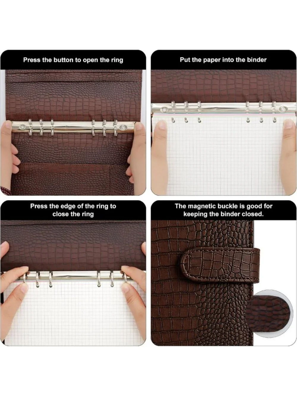 Crocodile-Embossed Refillable 6 Ring Binder Cover, Magnetic Closure, Premium PU